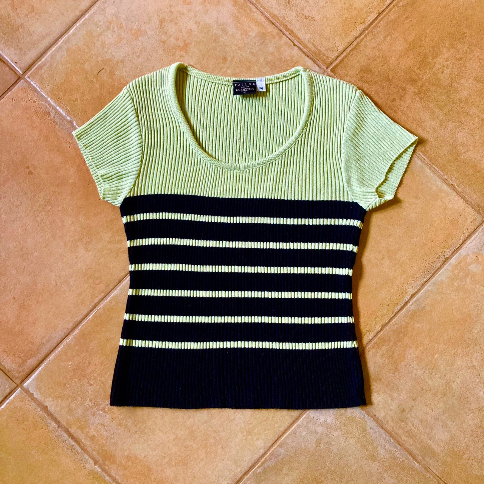 Ribbed Knit Tee, Lime Green, Black Stripes – Size M – Tailor by B.Moss