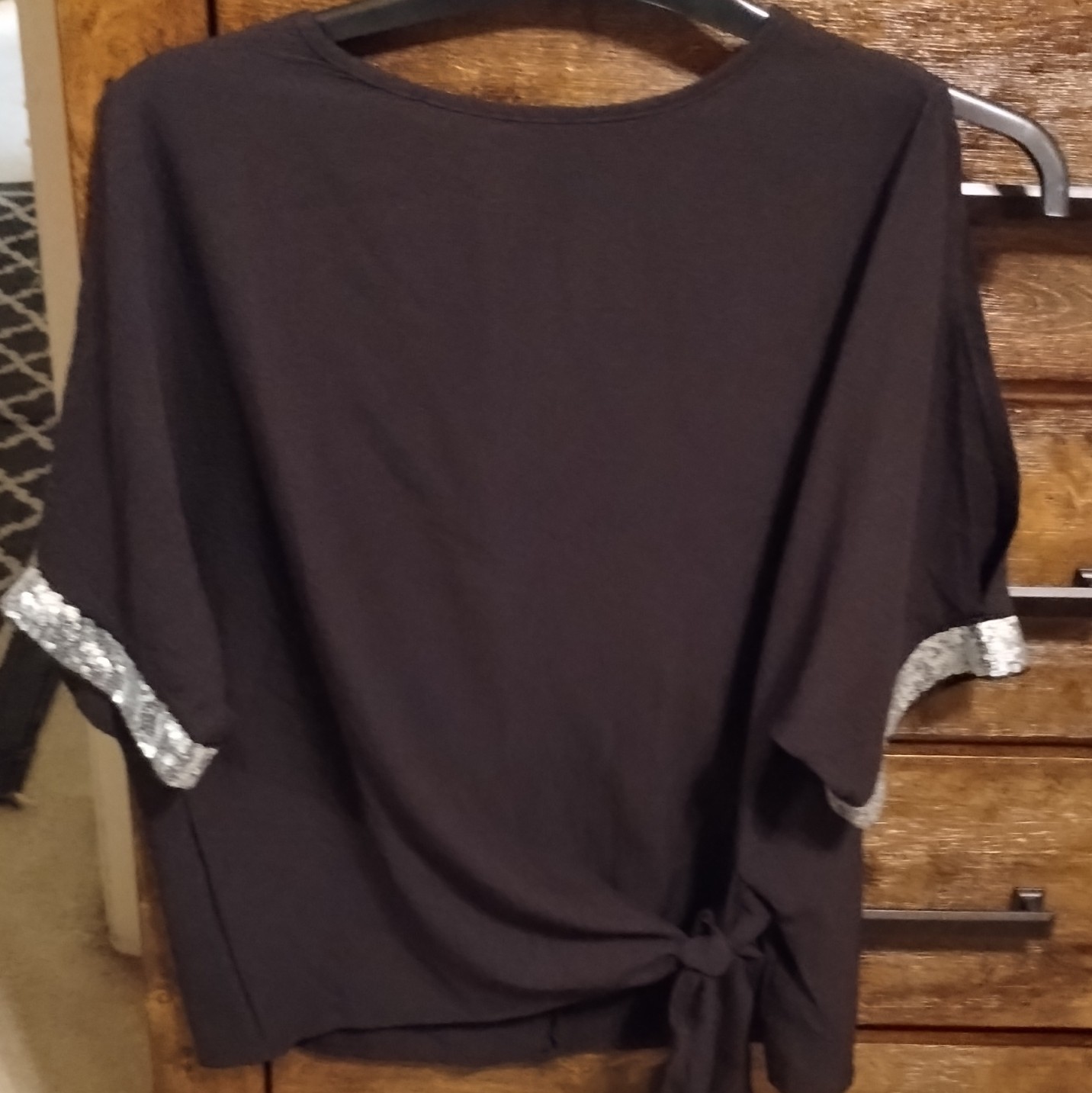 SHEIN Women’s S Black Solid Chiffon Sequin Tie Side Round Neck Blouse