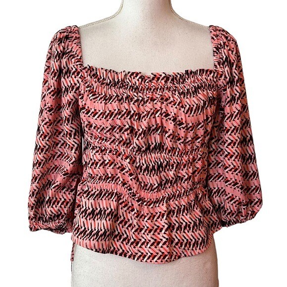 Open Edit Geo Print Shirring Detail Square Neck Top Pink Peony Wave Medium Boho