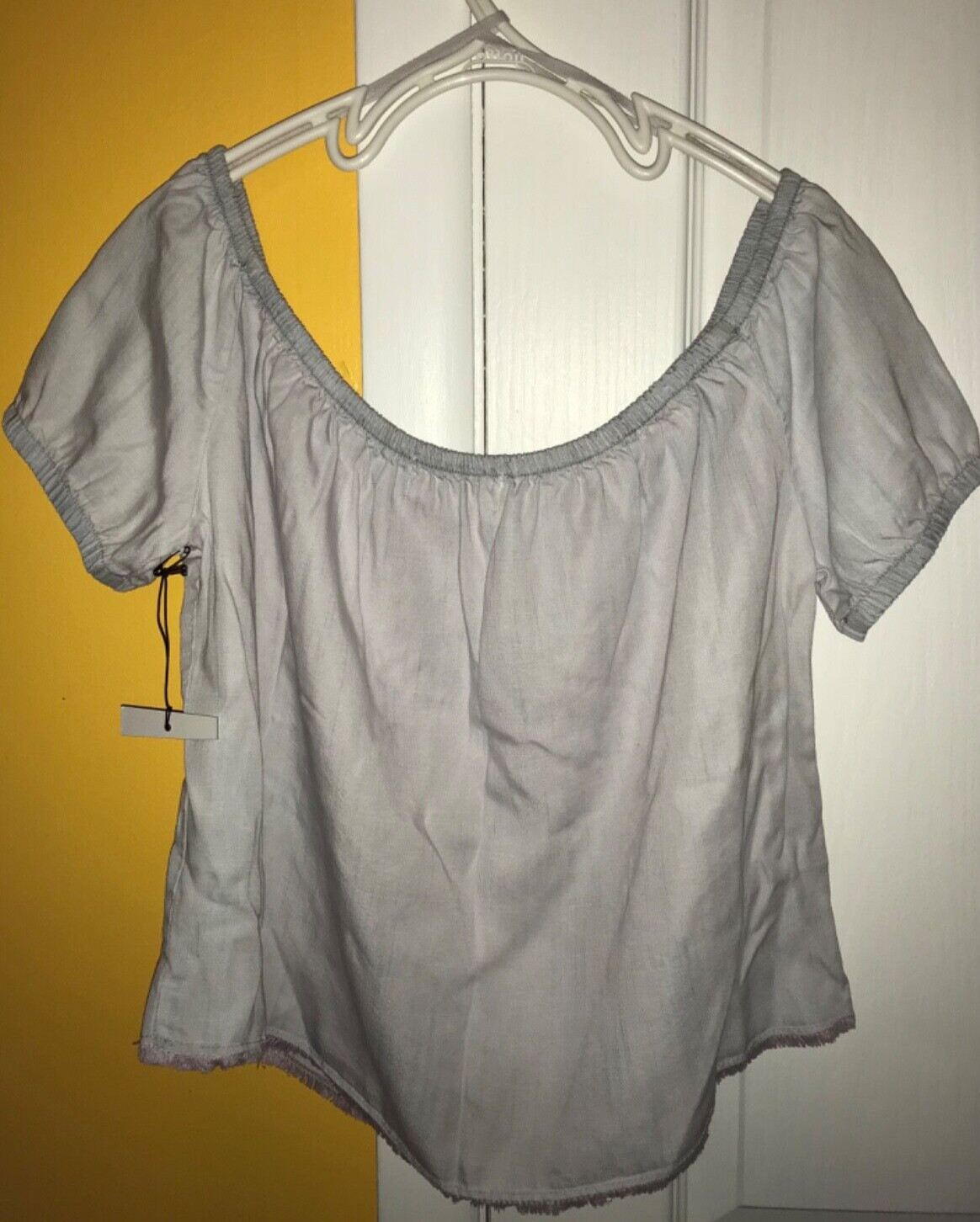 NWT BELLA DAHL BOHO OFF THE SHOULDER PEASANT TOP ~ Small ~ Silky Vertical Slub