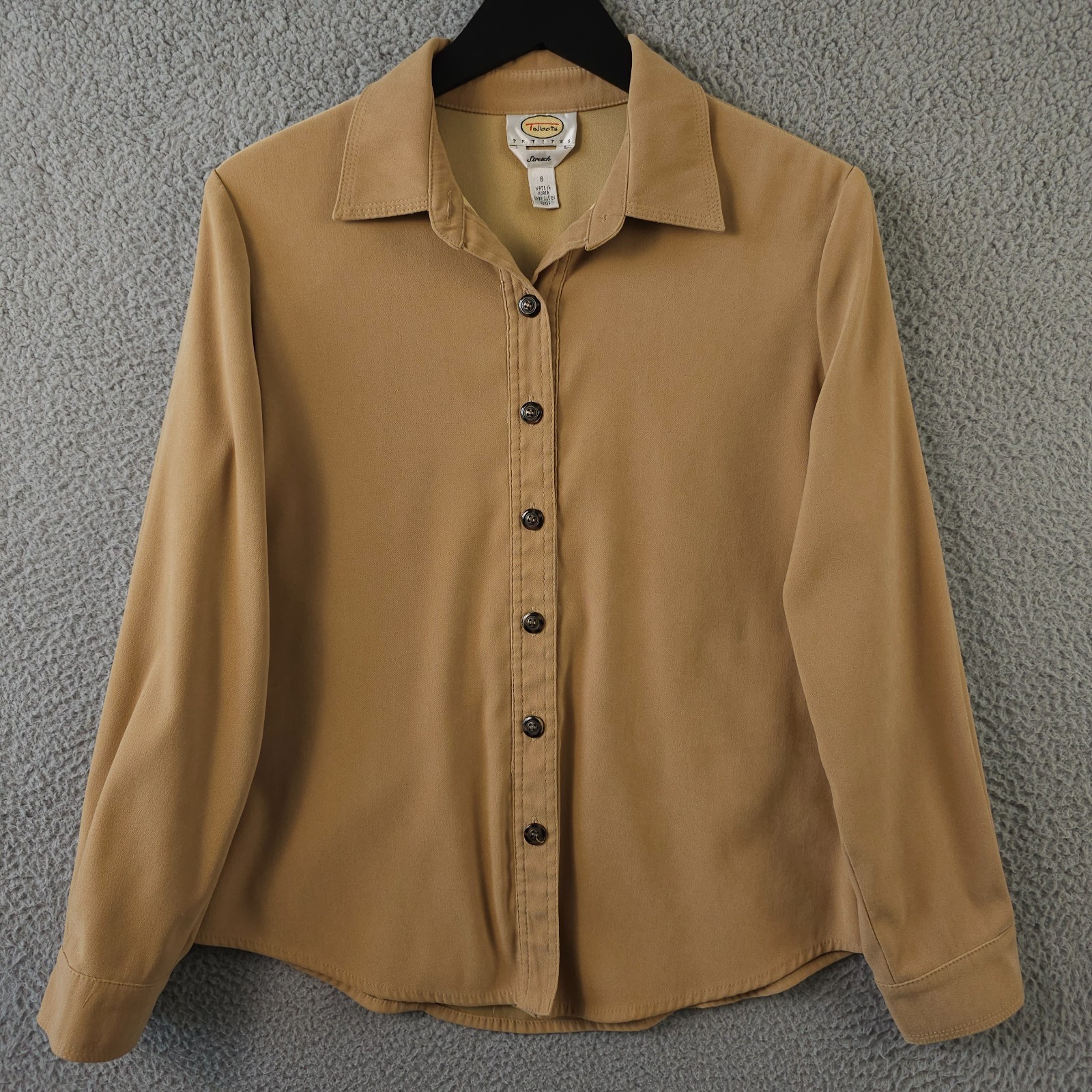 Vintage Talbots Shirt Womens SP Tan Button Up Faux Suede Career Office Stretch