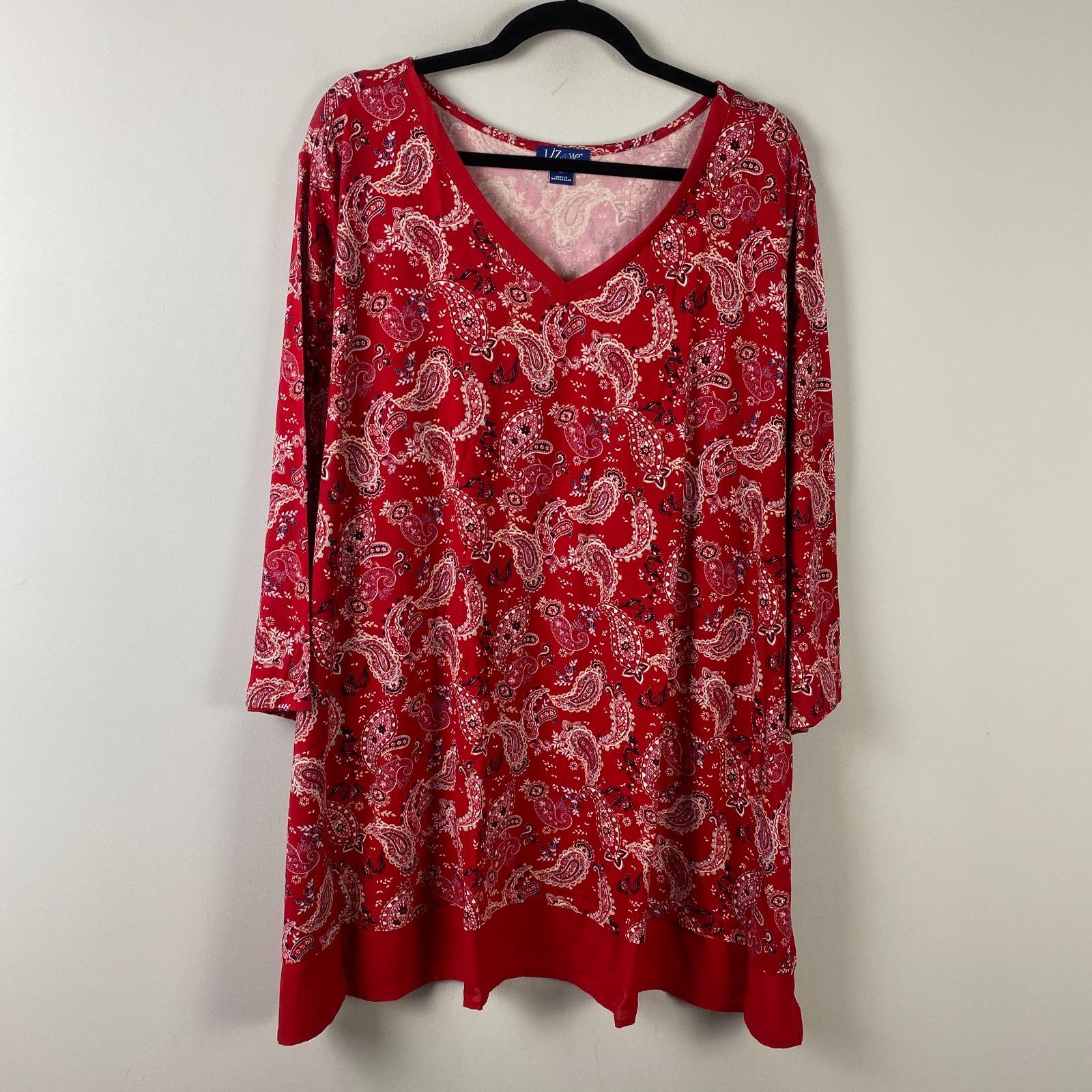 Liz & Me Duet Tunic Top Size 3X Red Floral Paisley 3/4 Sleeves V Neck Stretch