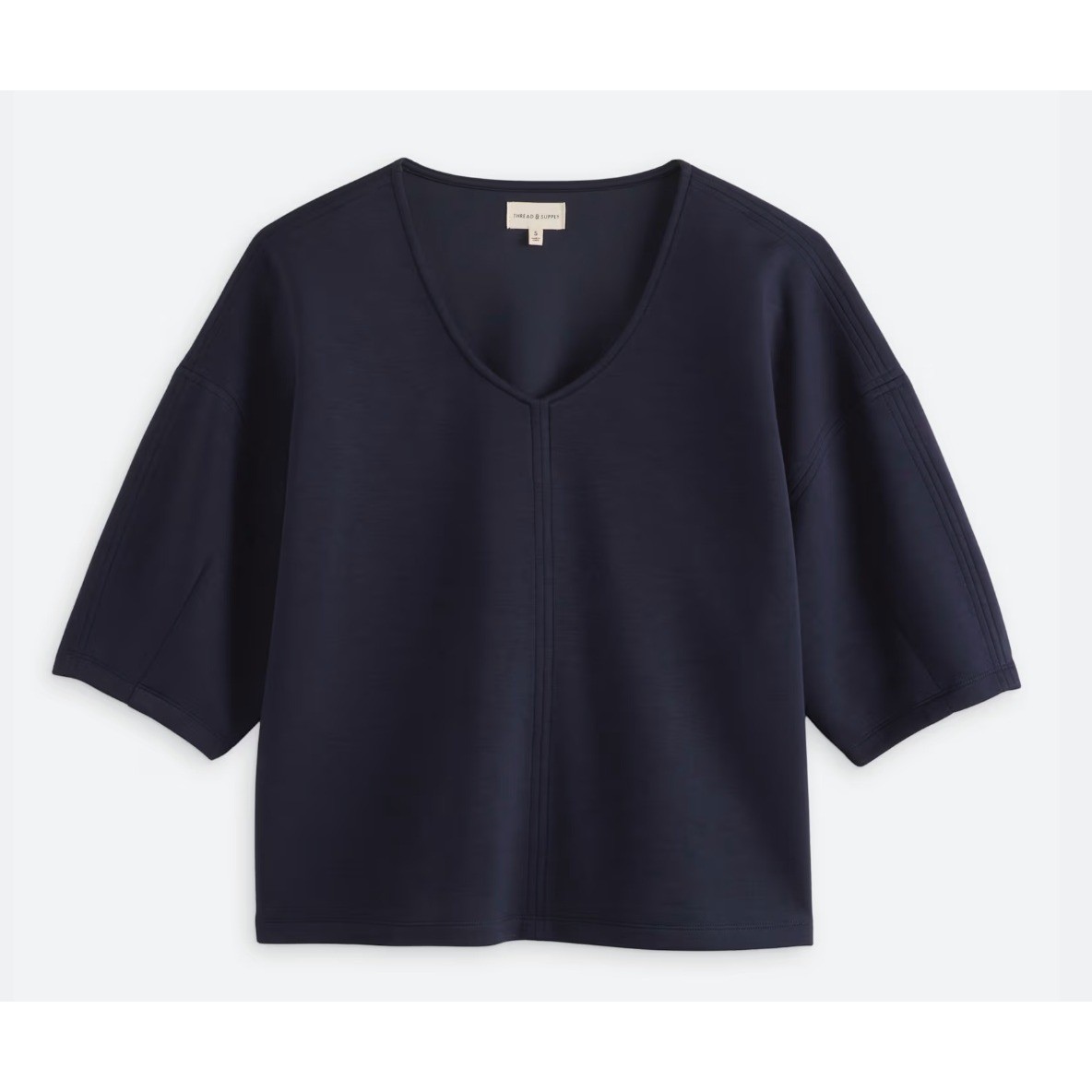 Thread & Supply Navy Scuba Knit V-Neck Short Sleeve Boxy Top Large NEW