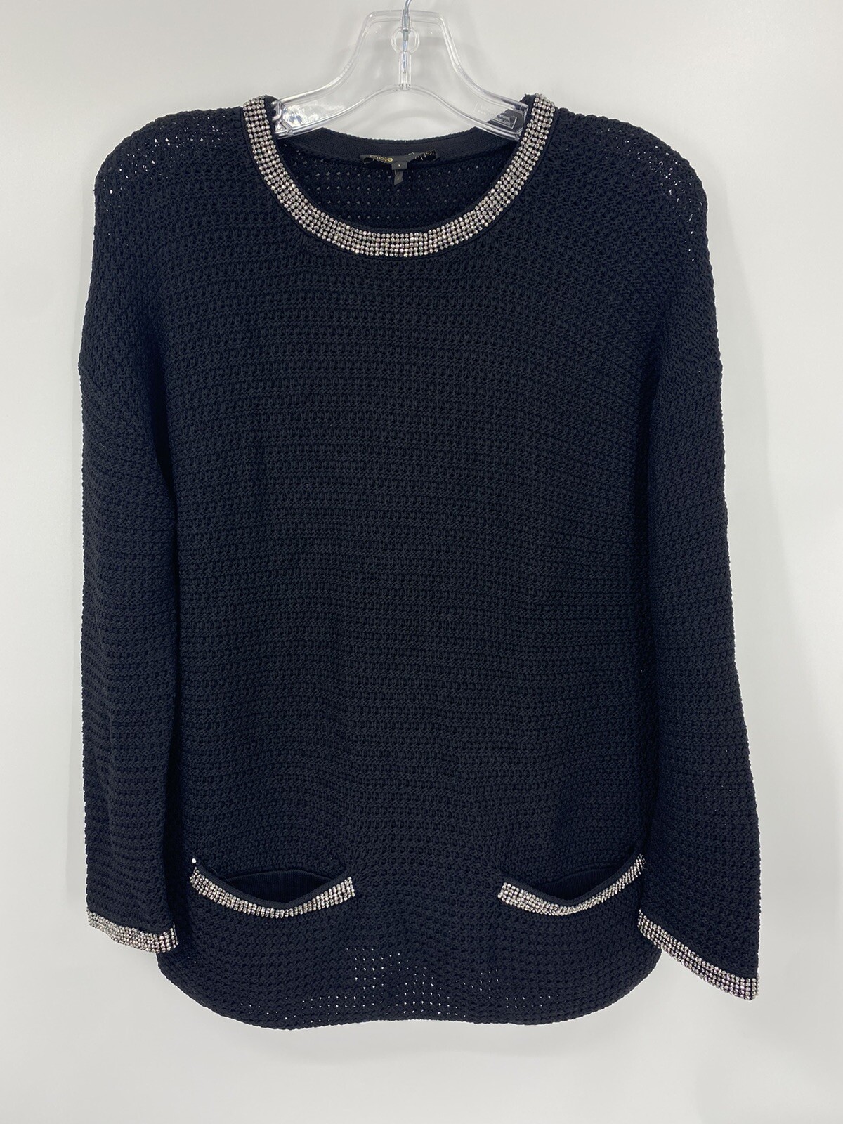 MAJE BLACK CROCHETED CRYSTAL EMBELLISHED SWEATER TOP Size 1 (S)