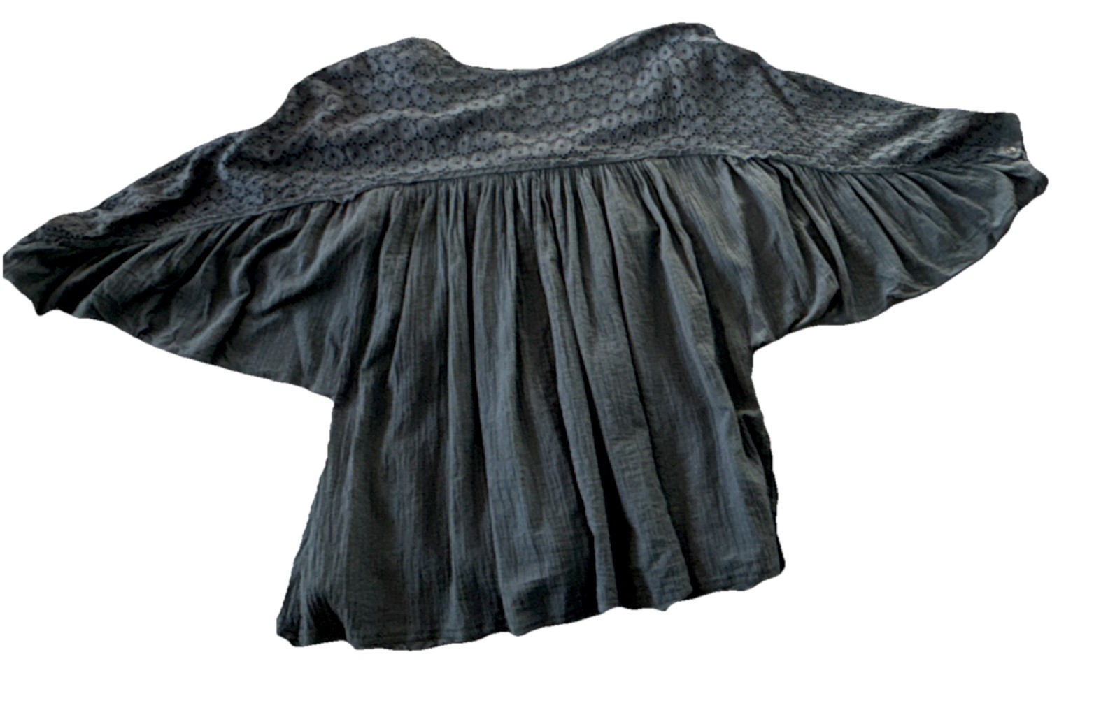 Free People Dark Teal Eyelet Balloon Sleeve Button Front Ruffle Blouse Size Med