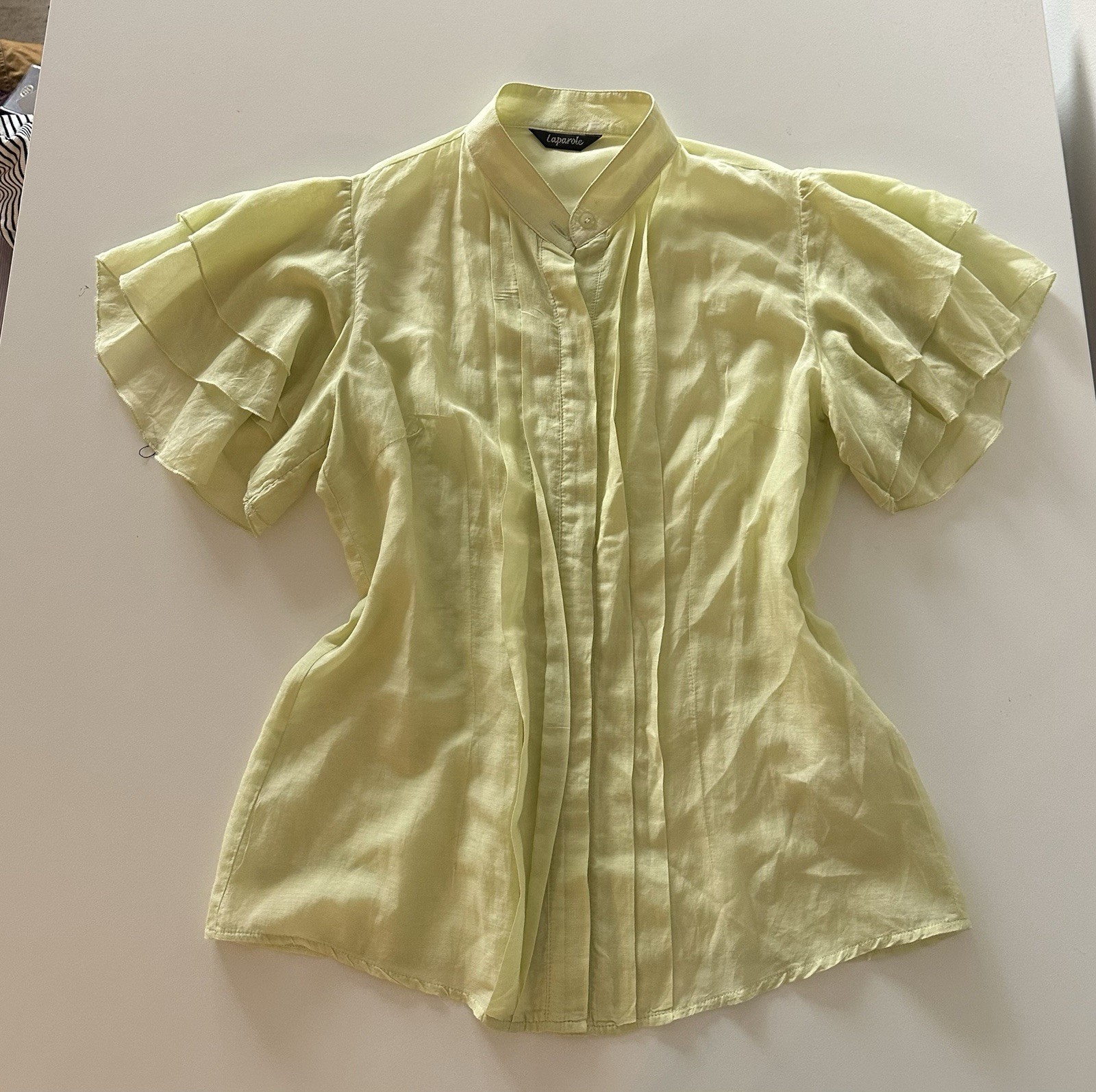 Vintage Y2K Office Siren Chartreuse Green Lime Silk Cotton Ruffle Blouse L Sheer