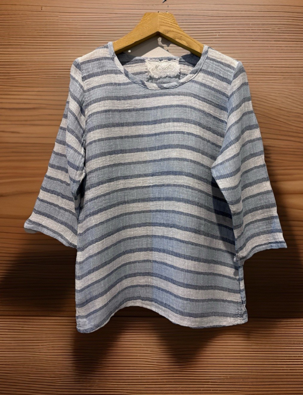 Marilu Tunic Medium Linen Top Striped Ruffle Lagenlook Boho Festival Gauze Blue