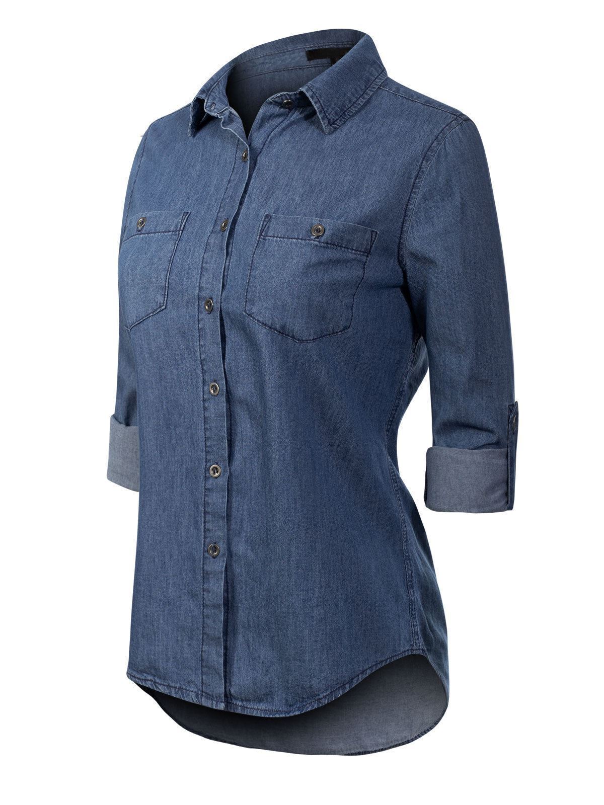 MixMatchy Basic Classic Roll up Sleeve Button Down Chambray Denim Shirt