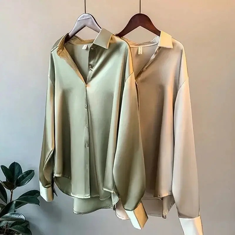 2025 Silk Korean Office Ladies Elegant Shirt Blouse Women Fashion Button Up Sati