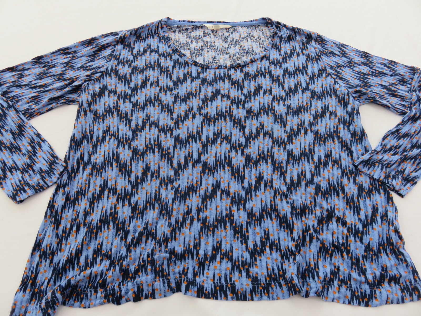 M&S PER UNA FAB BLUES IKAT ISH & ORANGE DOTS PATTERN 30% LINEN BLEND TOP UK 14
