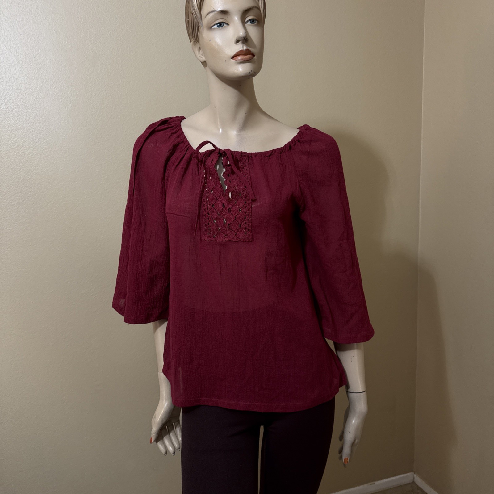 Women’s Burgundy Cotton Casual Boho Lace Long Sleeve Slit Tied Size S Blouse Top