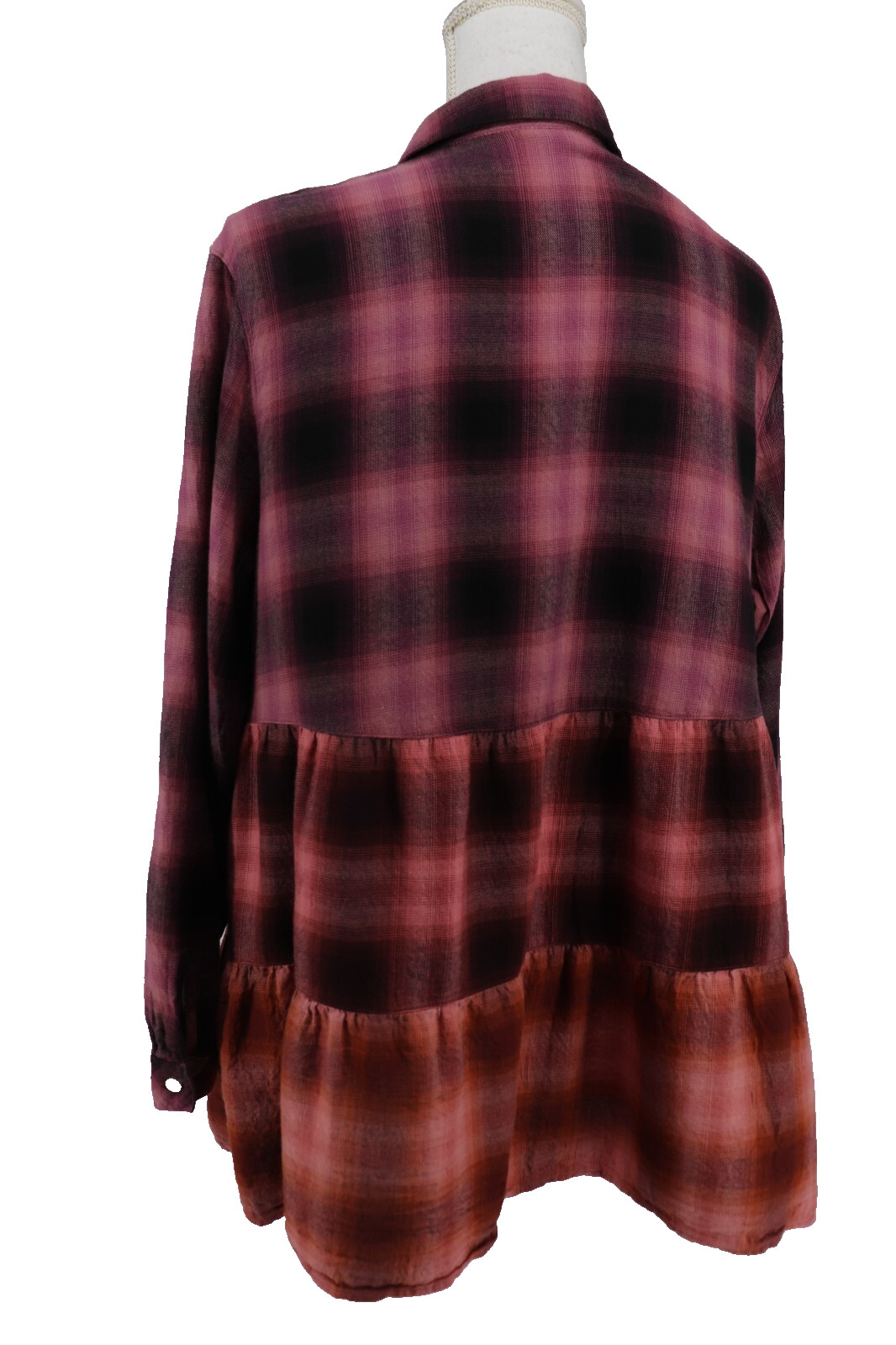 J Jill Tiered Tunic Shirt Womens XL Plaid Ombre Purple Orange Oversized Flannel