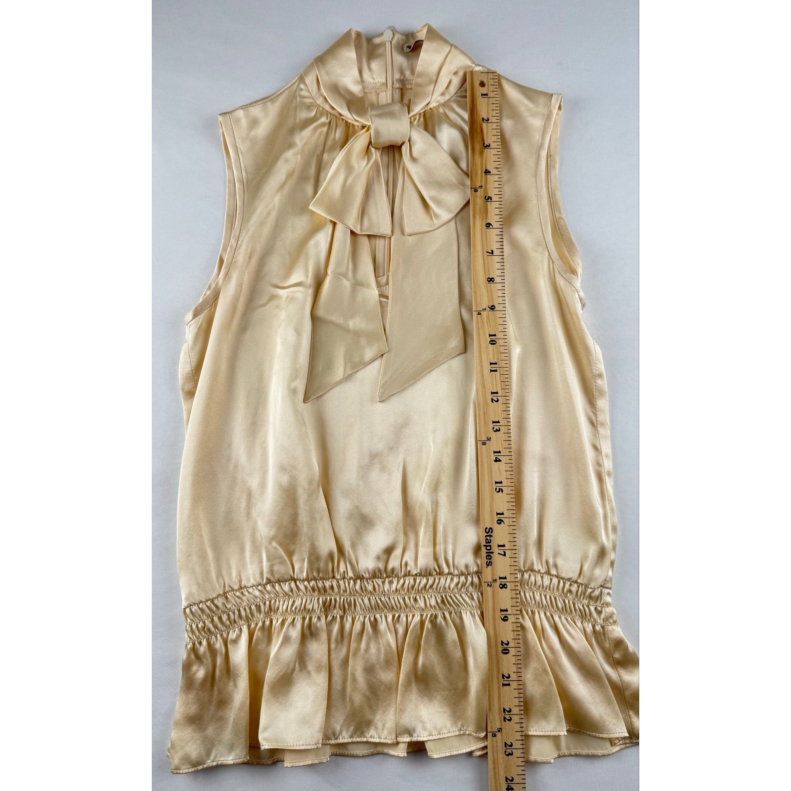 Nanette Lepore 100% Silk Sleeveless Bow Neck Blouse Champagne Ivory Size 2 USA