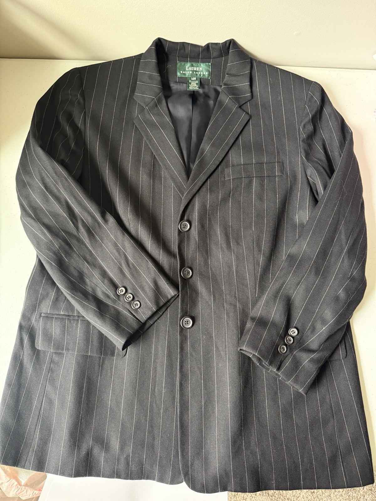 VTG Lauren Ralph Lauren Black Pinstripe Suit Jacket 14W Wool/Viscose 3-Button