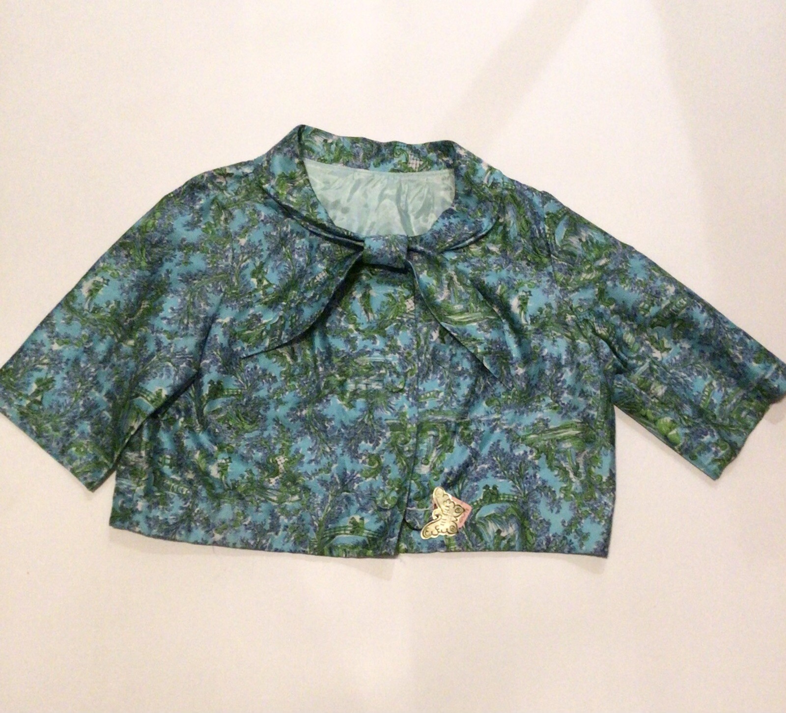 NOS Vtg 60’s Silk Sash Collar Boxy Turquoise Floral Short Sleeve Blouse L