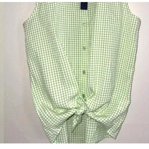 Sleeveless Shirt Small Lime White Plaid Tank Picnic Travel Comfort Beachy