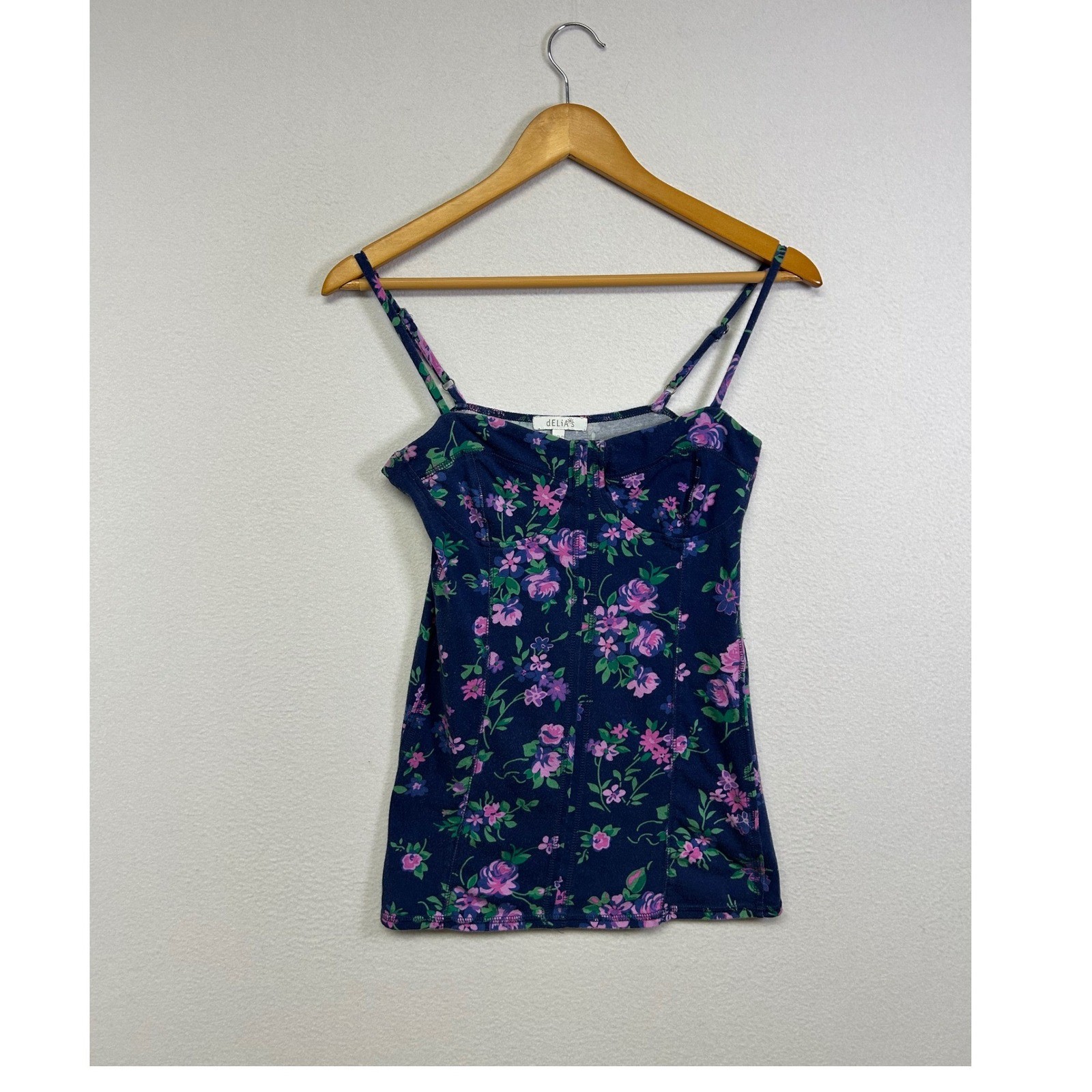 Y2K Grunge dELiA*s Womens Sm Navy Pink Floral Bustier Cami Top Adjustable Strap
