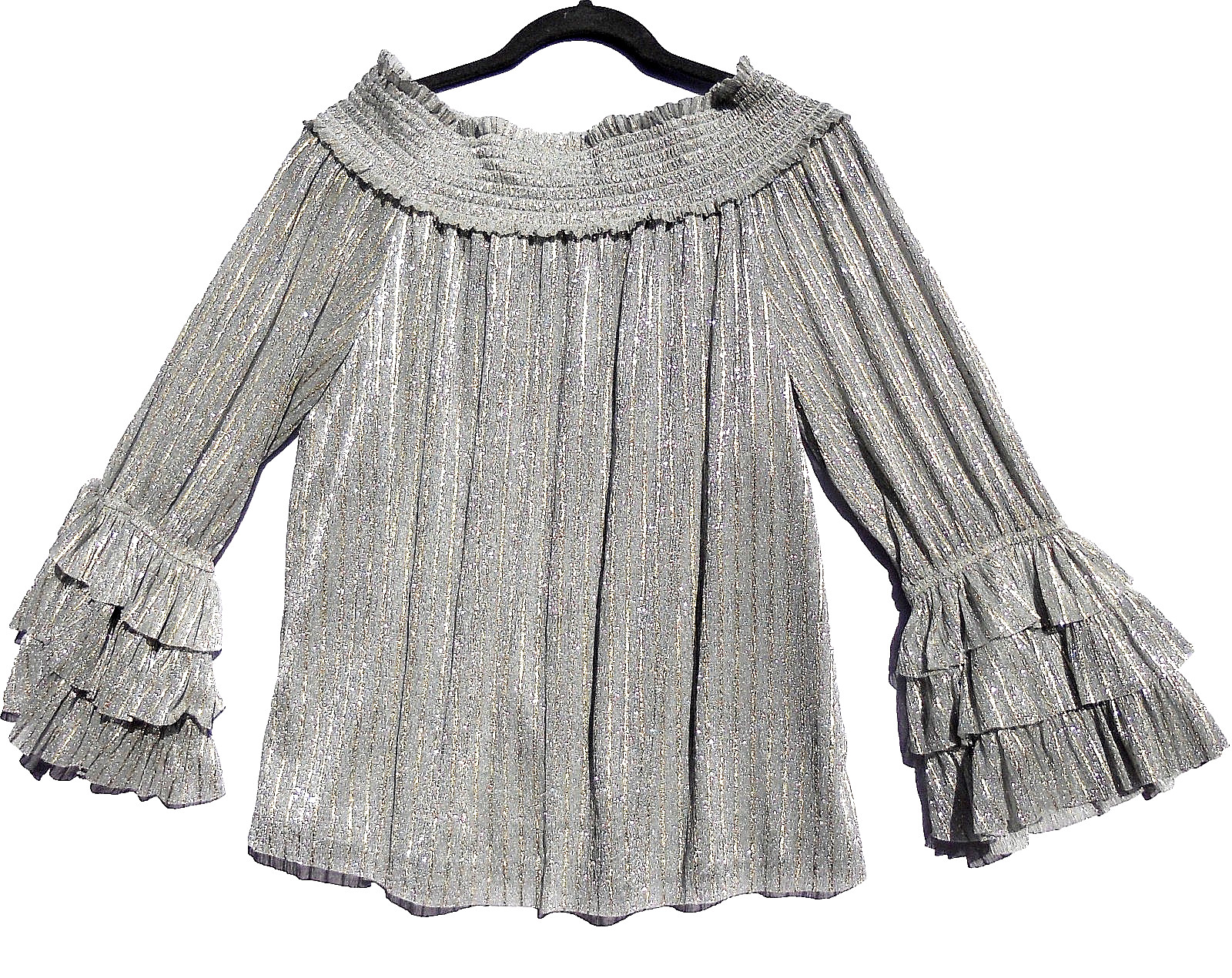 Silver golden shiny Prelude blouse, shoulder neckline, long sleves, size L
