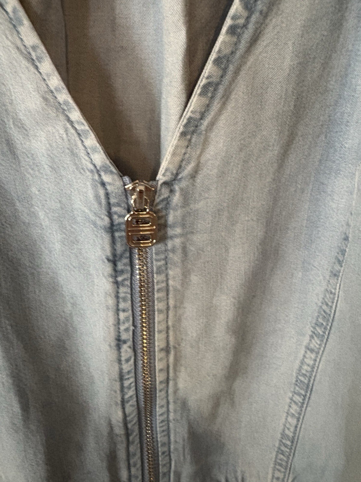 DKNY Women’s Zip-Front Puff-Sleeve Denim Blouse Top Blue Size L