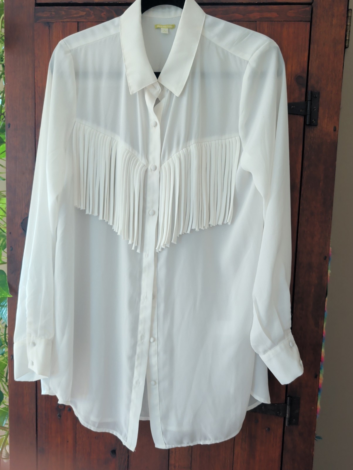 GIANNI BINI Women’s Large White Western Long Sleeve Over Blouse with Fringe