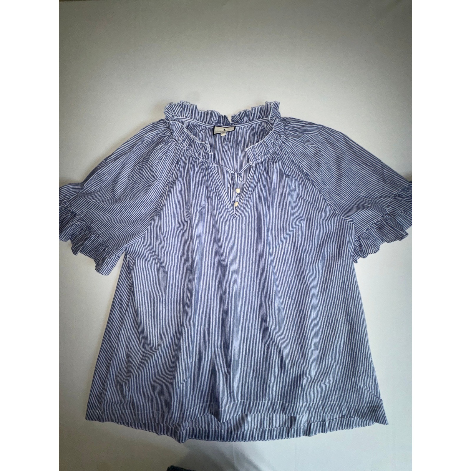 TuckerNuck Womens 3XL Blue White Striped Ruffle Neck Tie Cotton Blouse Top