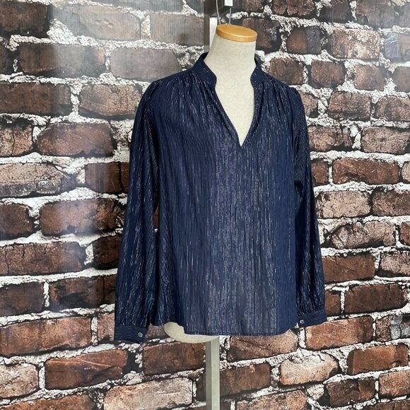 Closed Blouse Top Shirt Womens Small Blue Metallic Silver Stripe Evelyn V-Neck