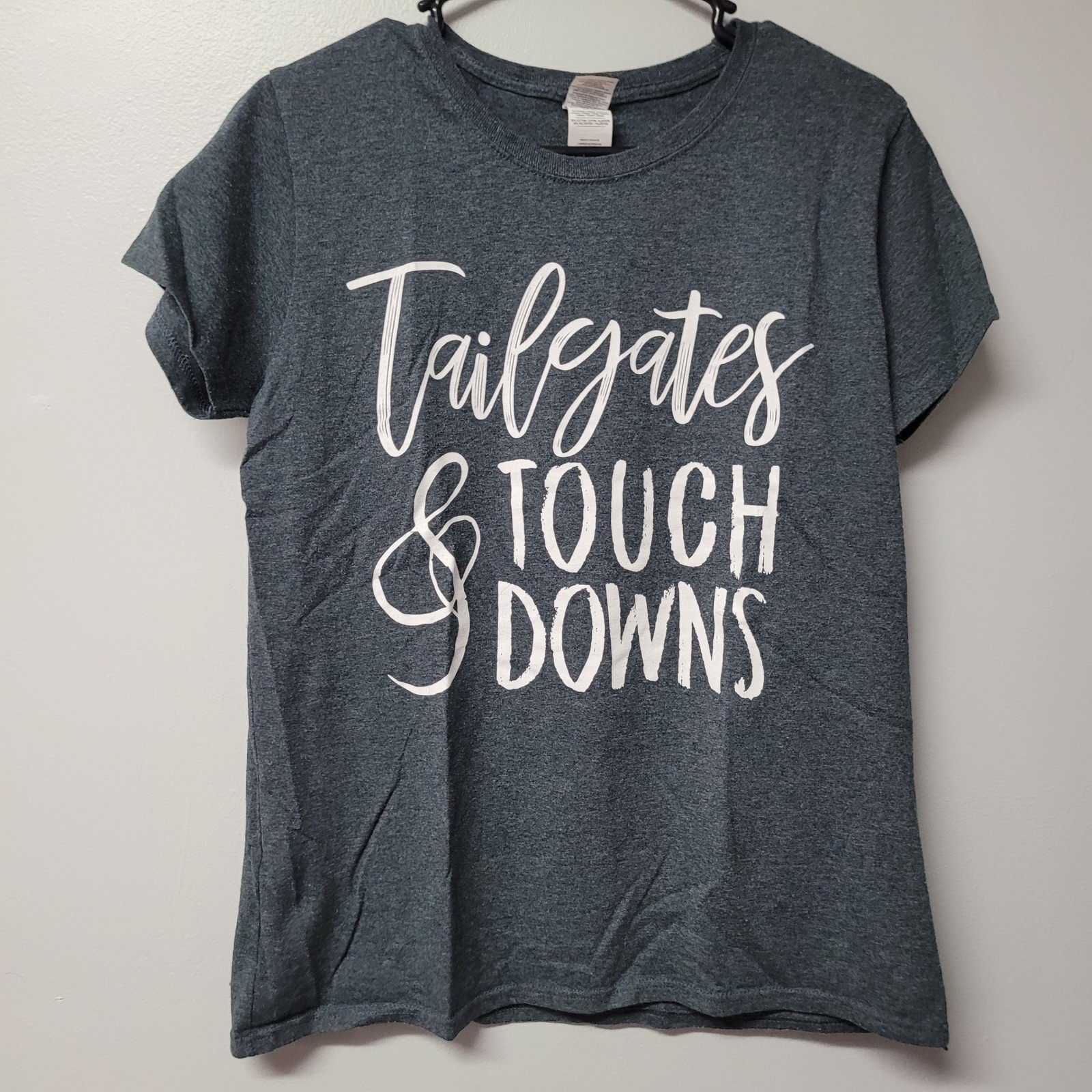 Gildan Ladies Tailgates Touchdowns Graphic T-Shirt Dark Heather Gray Large