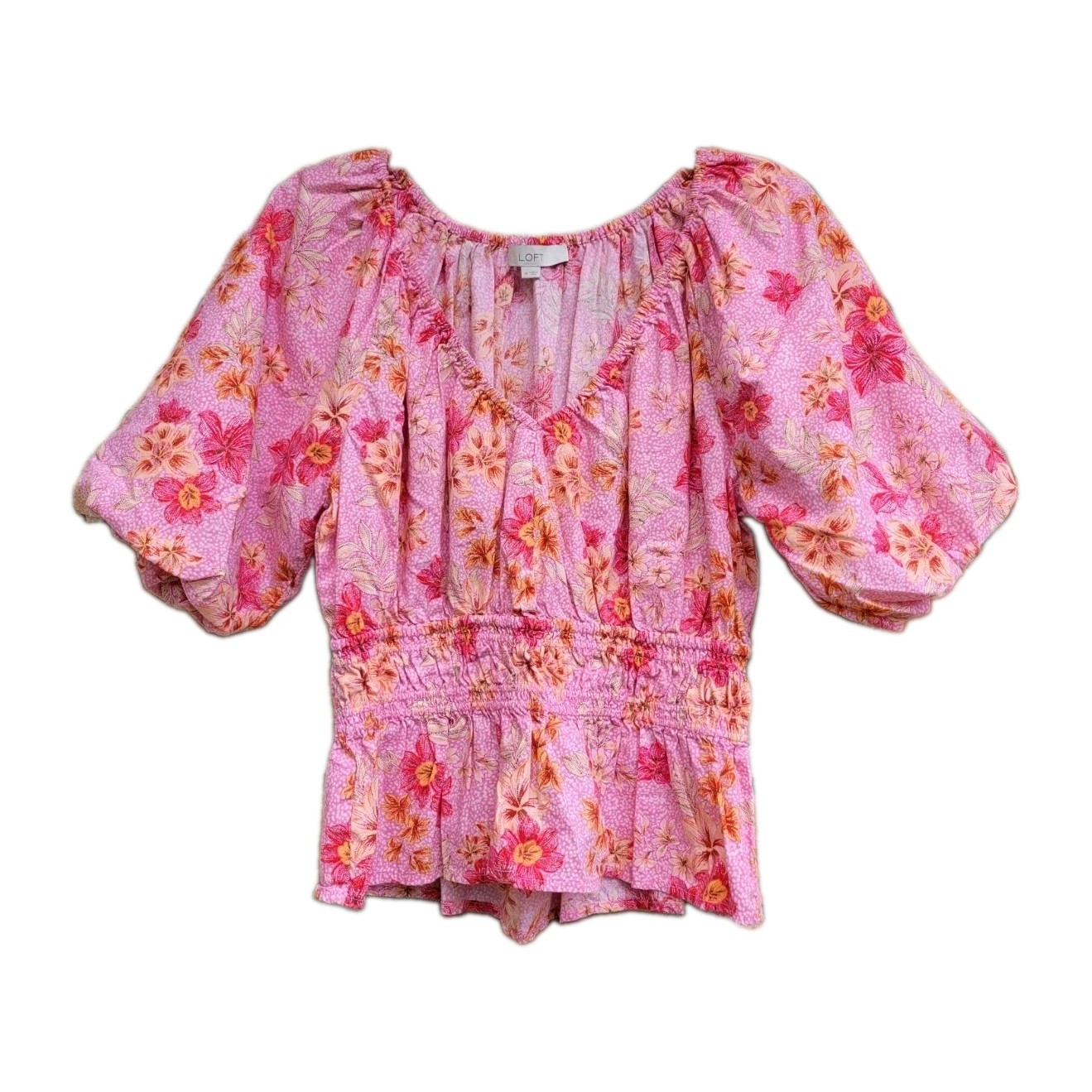 LOFT V -Neck Blouse 3/4 Sleeve Pink Floral Size MED Gathered Waist Feminine