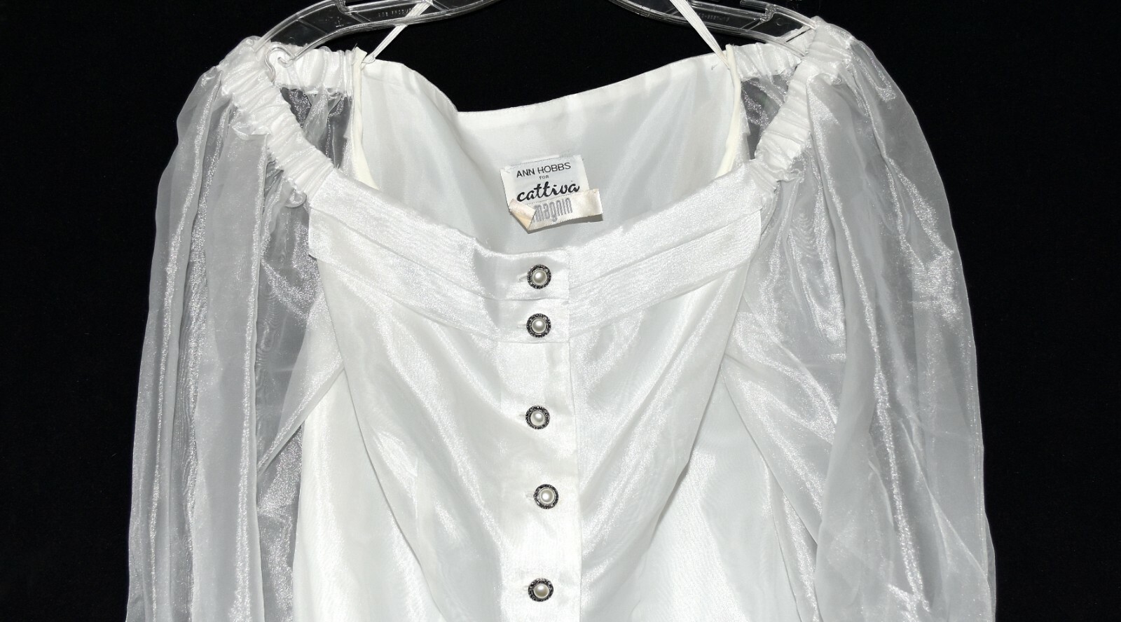Vintage Ann Hobbs for Cattiva I Magnin White Billowy Sheer Sleeves Blouse Size 6