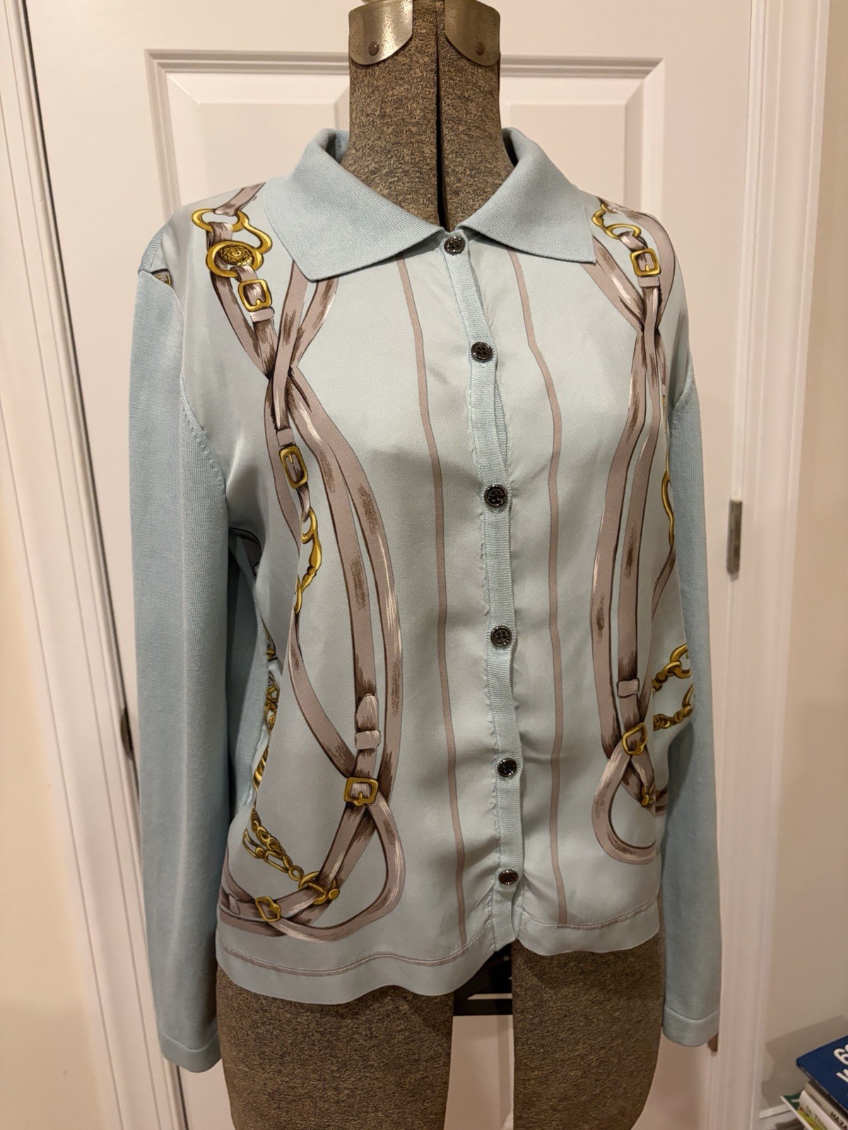 Doncaster Blouse Top Jacket Blue Size M Horsie Bits Button Front Long Sleeve