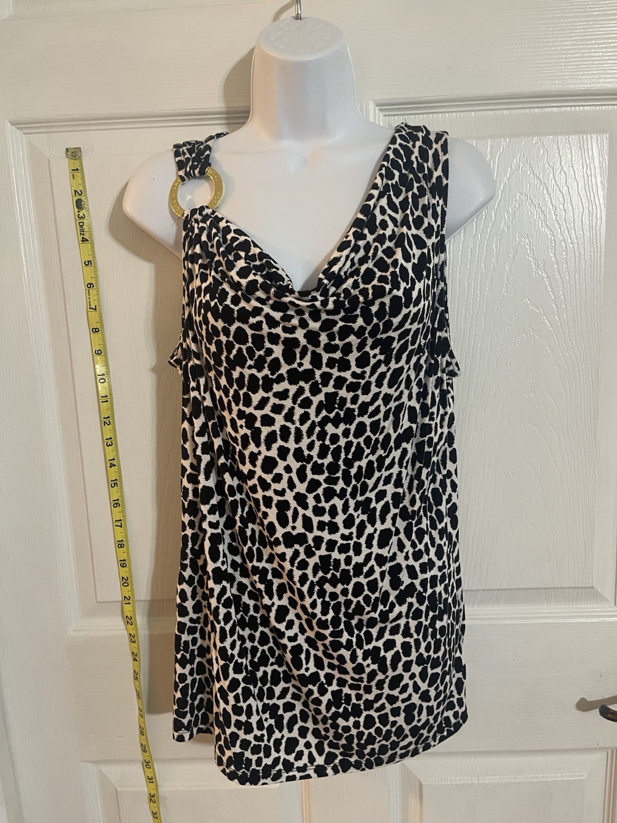 Michael Kors Women’s Sleeveless Top Large Black White Animal Print Gold Accent