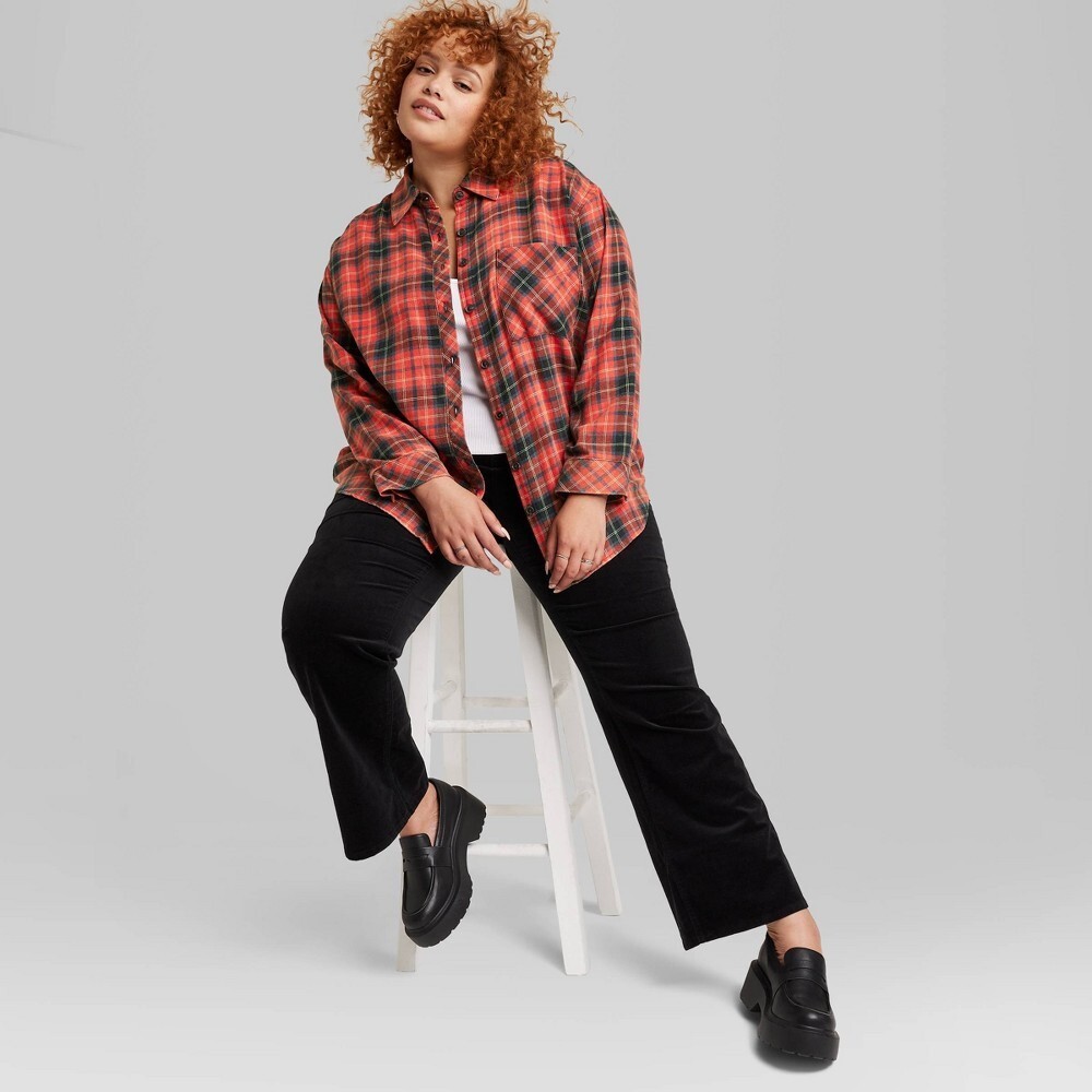 Wild Fable Oversized Shirt Womens XXL Button-Up Cotton Blend Pockets Plaid