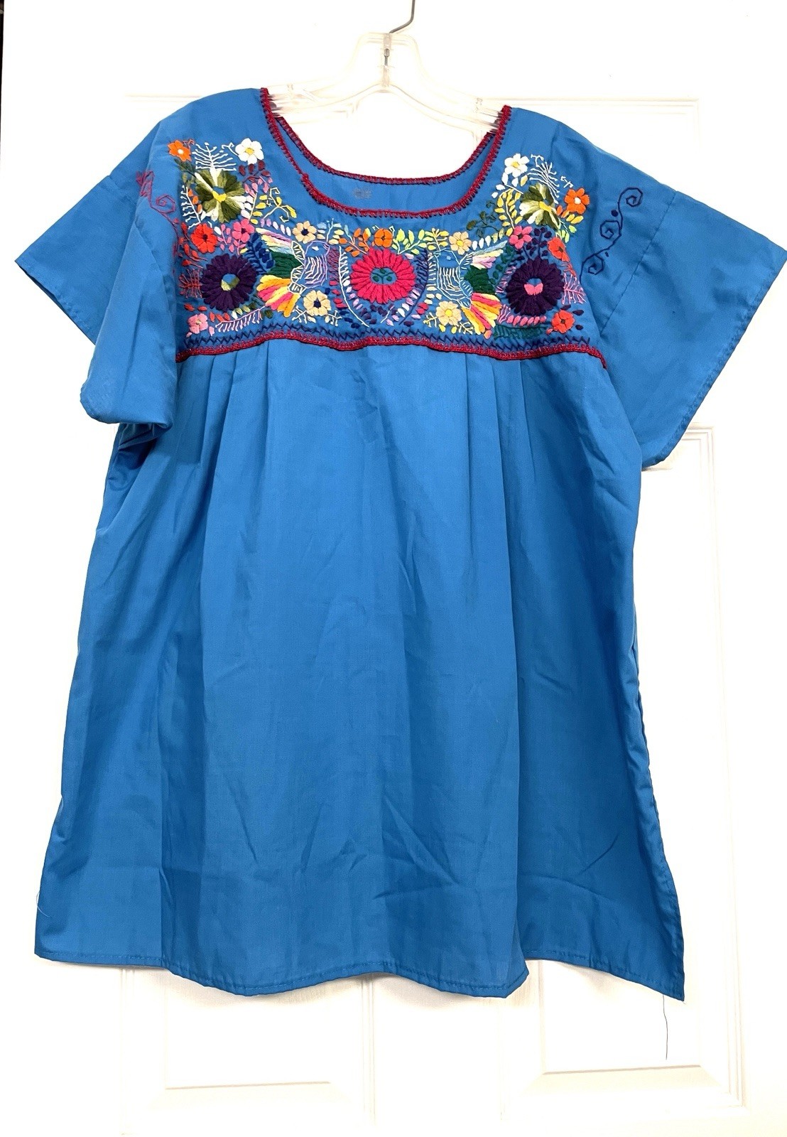 Mexican Peasant Blouse Hand Embroidered Bright Blue XL