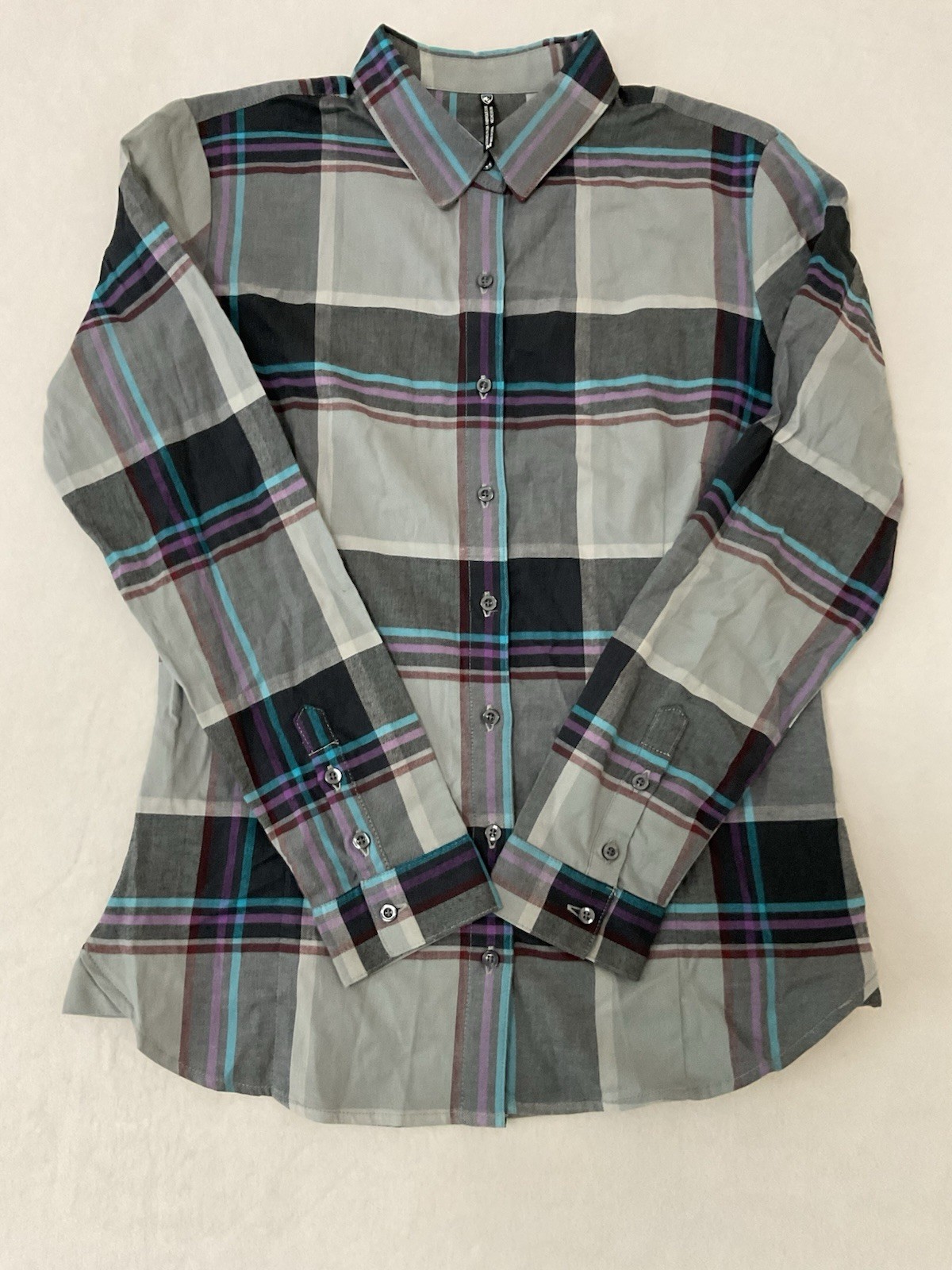 KUHL W Medium Plaid Button Up Shirt Gray, Purple, Blue Long Sleeve Outdoor