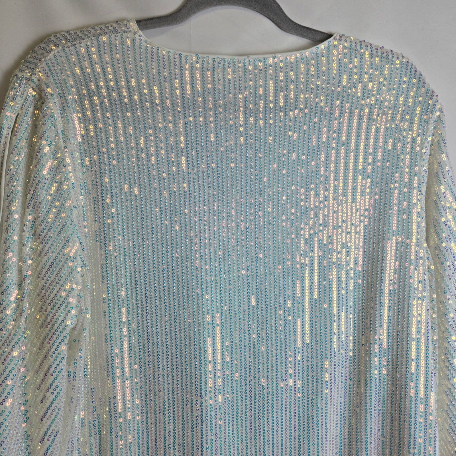 Grace Karin Sparkly Sequin Top 3/4 Bell Sleeves Surplice Neckline White Blue 2XL