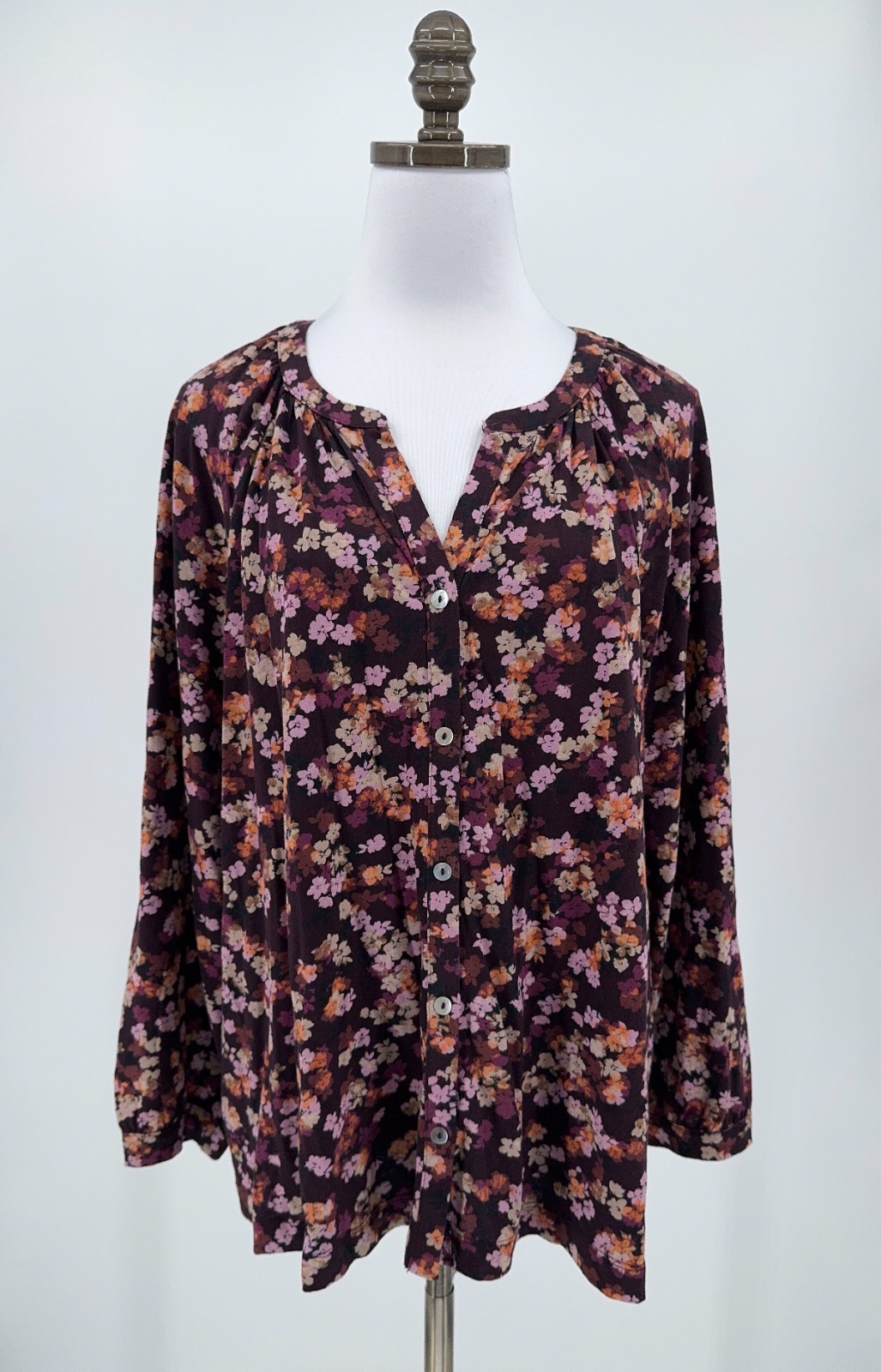 J. Jill Dark Plum Purple Floral Long Sleeve Button Up Blouse Top Sz 2X