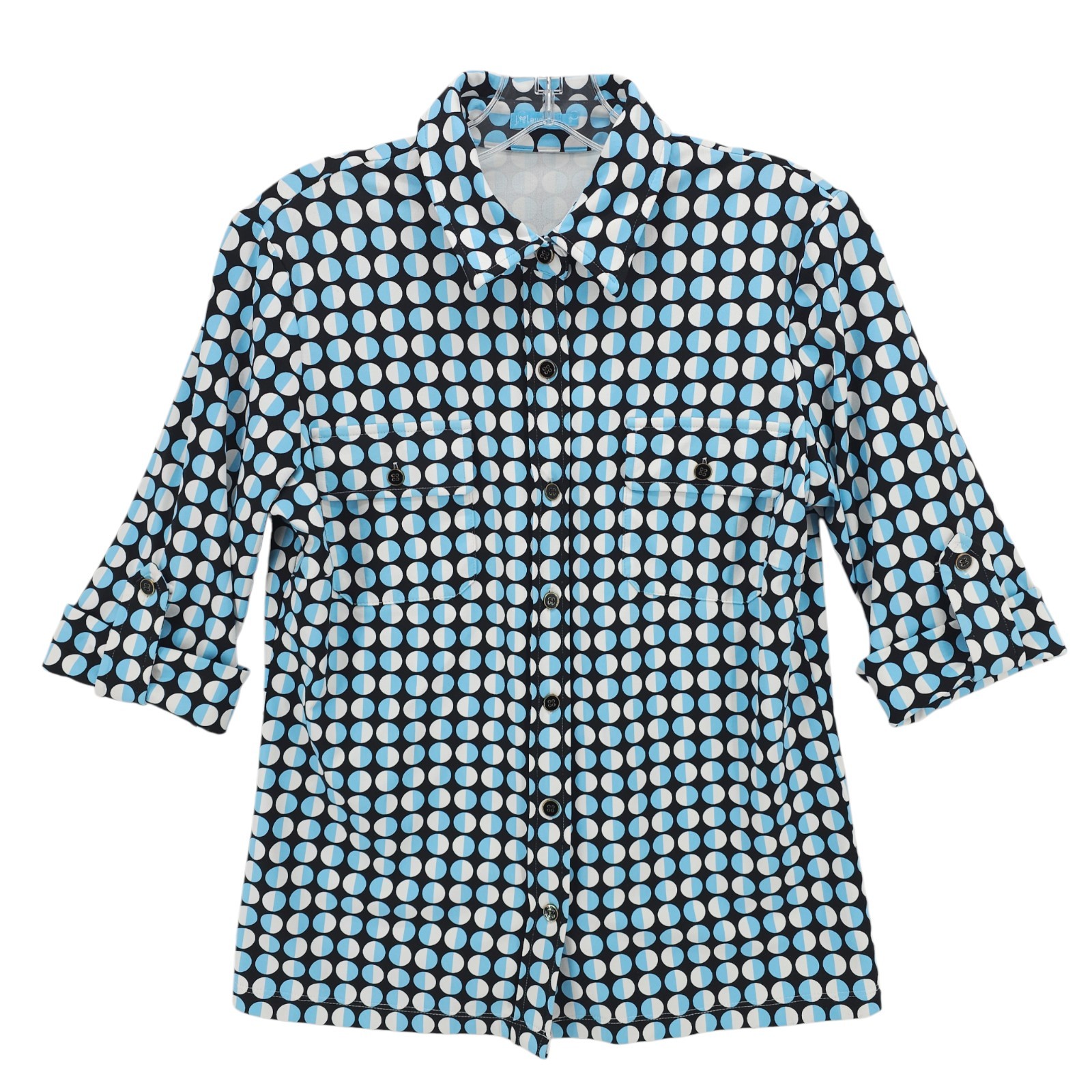 J. McLaughlin CATALINA CLOTH Button Shirt Blue Black White Geometric EUC SMALL