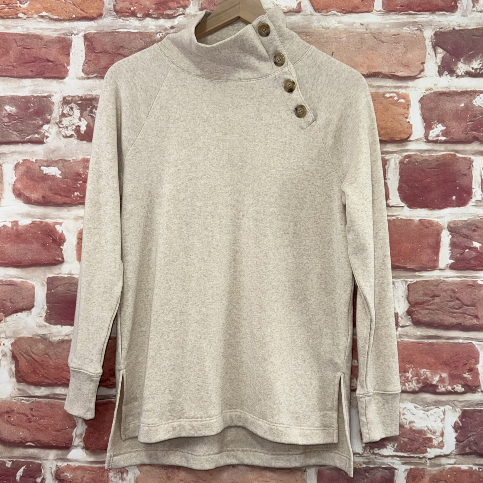 J Crew Top Womens XS Oatmeal Button Mock Neck High Low Knit Popover Shirt