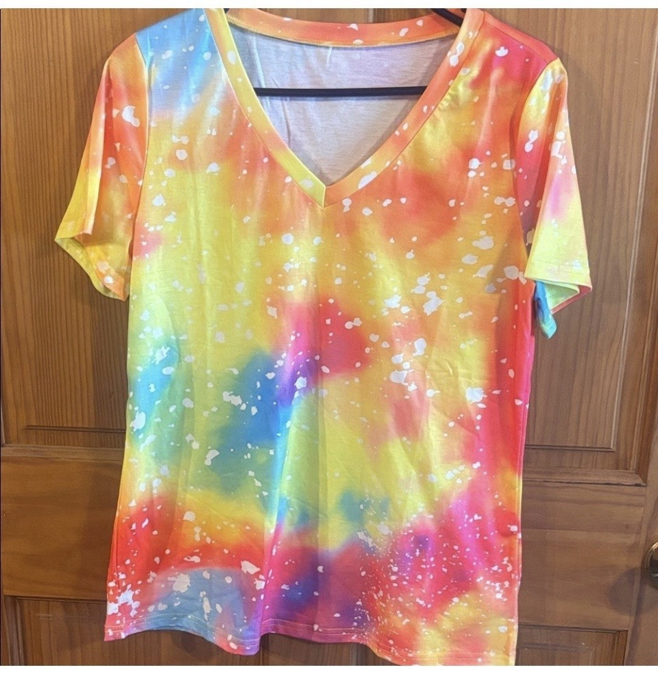 Womens Knit Tie-Dye V-Neck Short Sleeve T-Shirt Multicolor 100% Polyester M