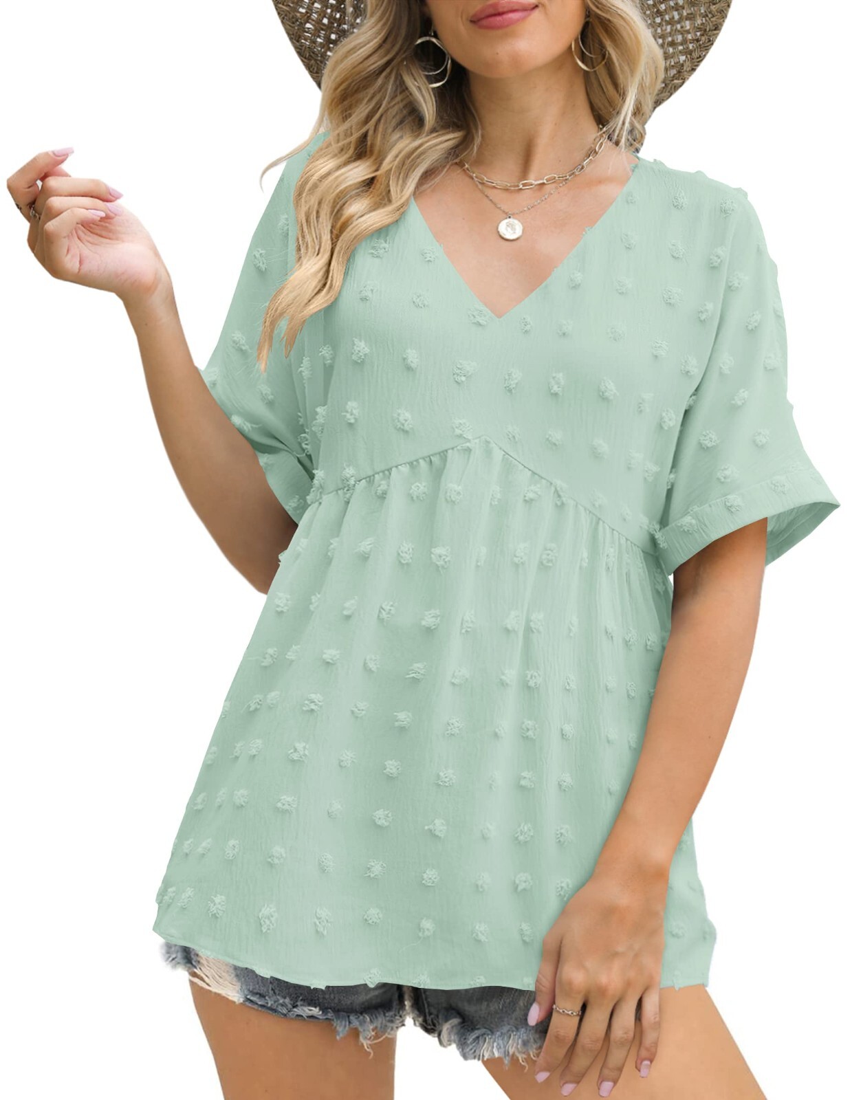 MIROL Women’s V-Neck Flowy Tunic Tops Swiss Dot Short Sleeve Blouse, Green, Med
