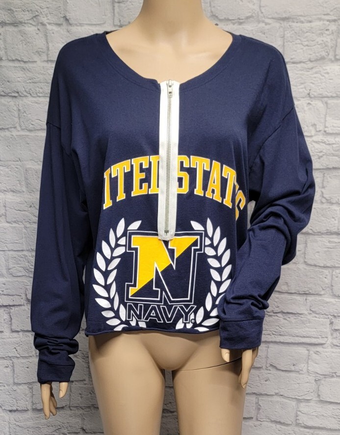 VICTORIA’S SECRET PINK 5TH & OCEAN L UNITED STATES NAVY BLUE ZIP CROPPED TOP TEE