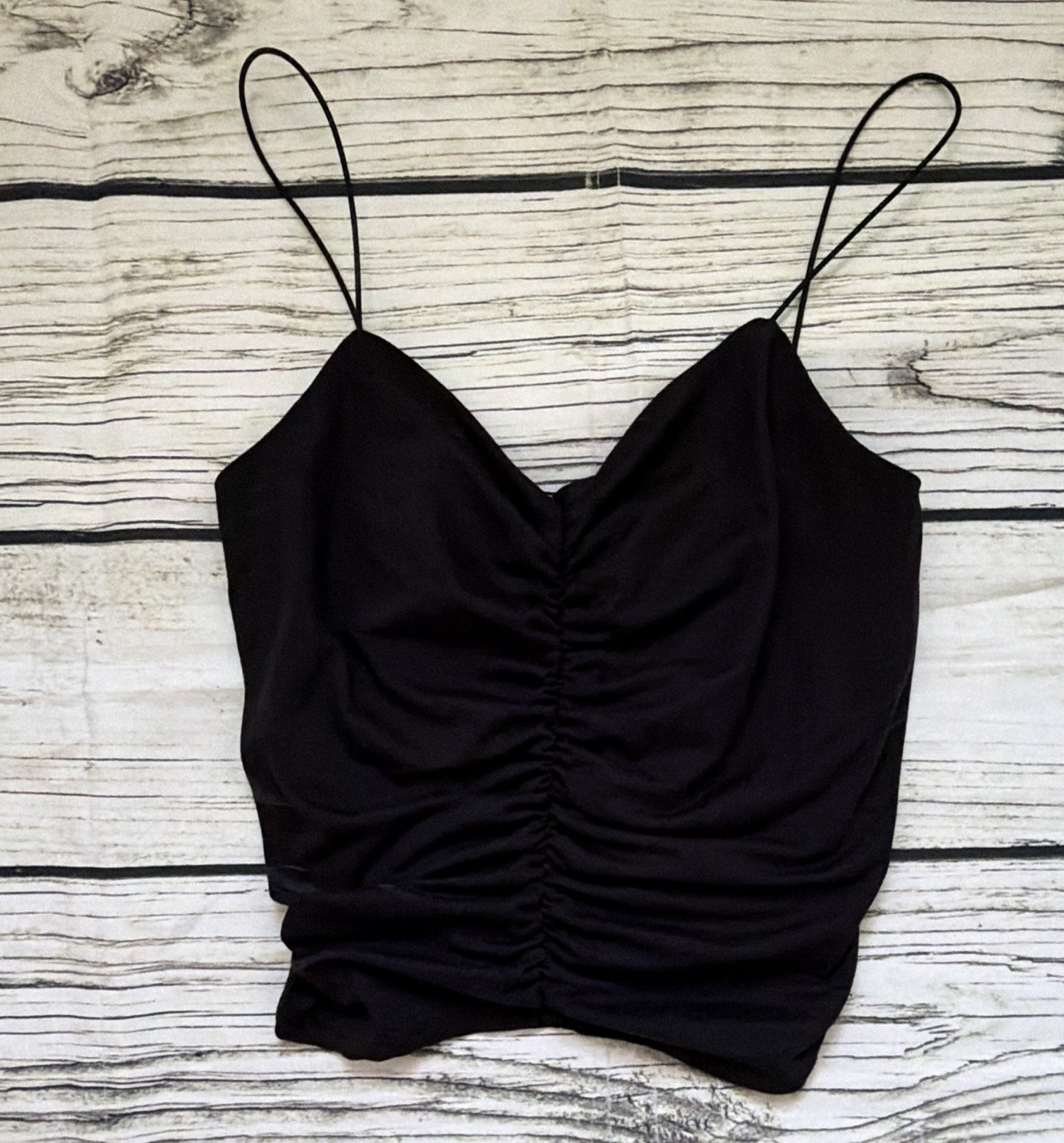 Gaze Women’s Black Ruched Sweetheart Spaghetti Strap Cropped Camisole Top S