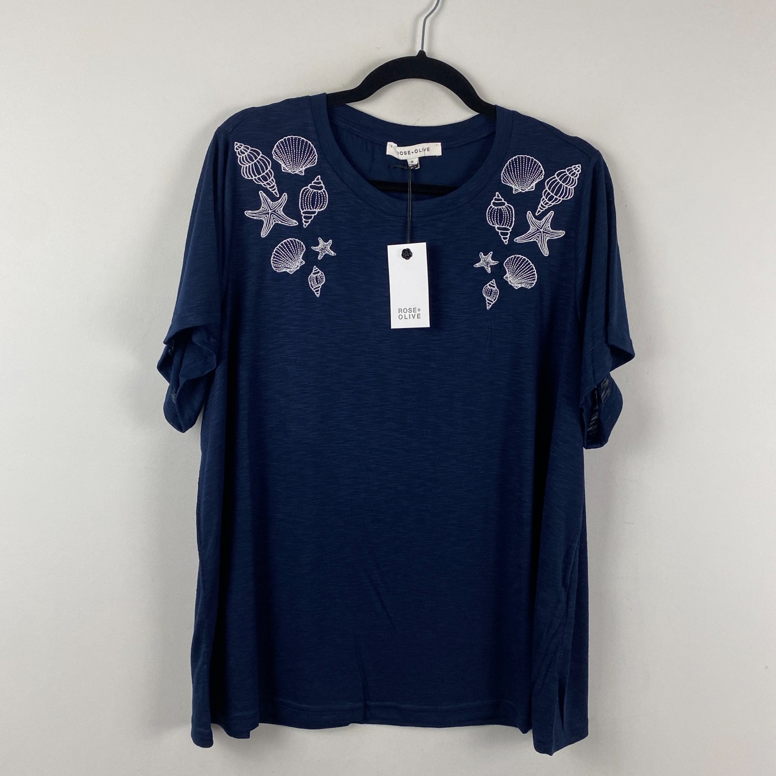 Rose + Olive T Shirt Womens 1X Seashell Embroidered Short Sleeve Slub Navy Blue