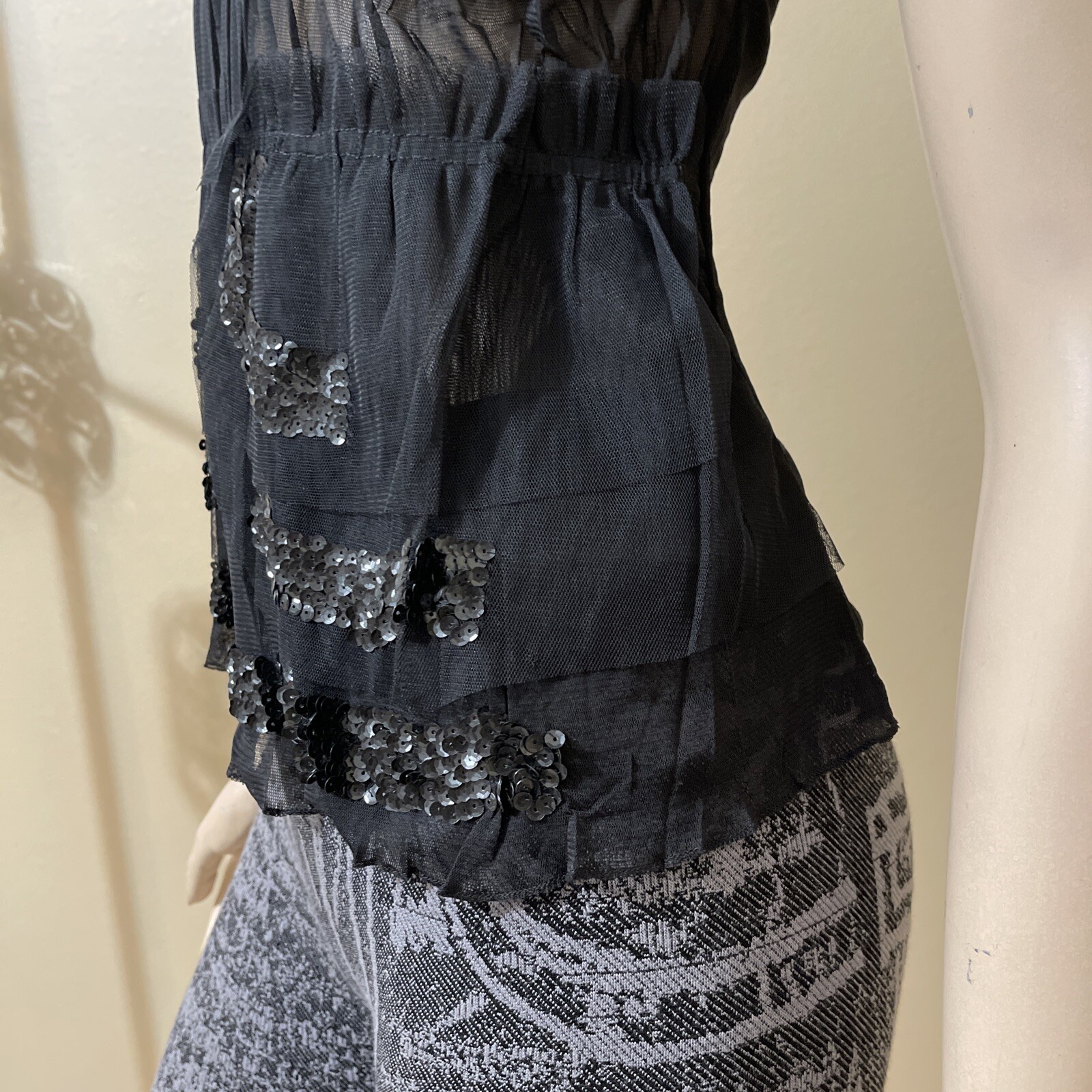 Women’s Black Polyester Cocktail Layered Lace Beaded Pleated Size L Blouse Top