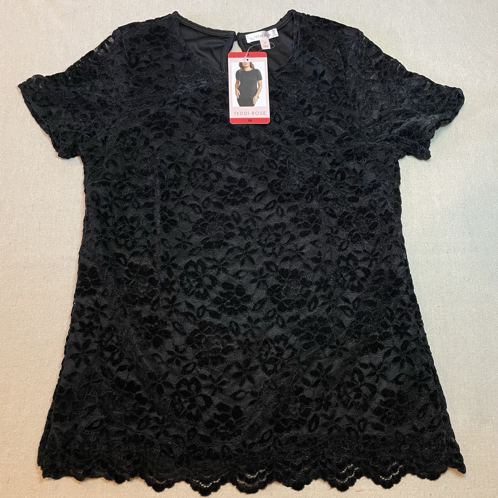 Teddi Rose Women Black Lace Velvet Burnout Top Shirt Short Sleeve Size Medium