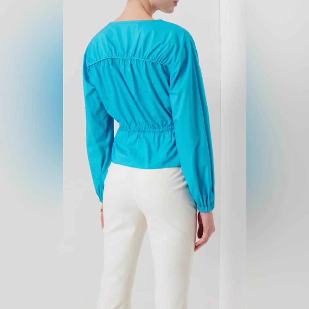 Derek Lam Long Sleeve Gathered Top Stretch Work Office Cotton Blue V Neck Peplum