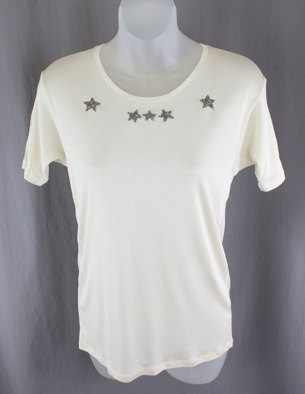 Saint Laurent Paris NWT Women’s Cream Silver Beaded Star Silk T Shirt Top XS
