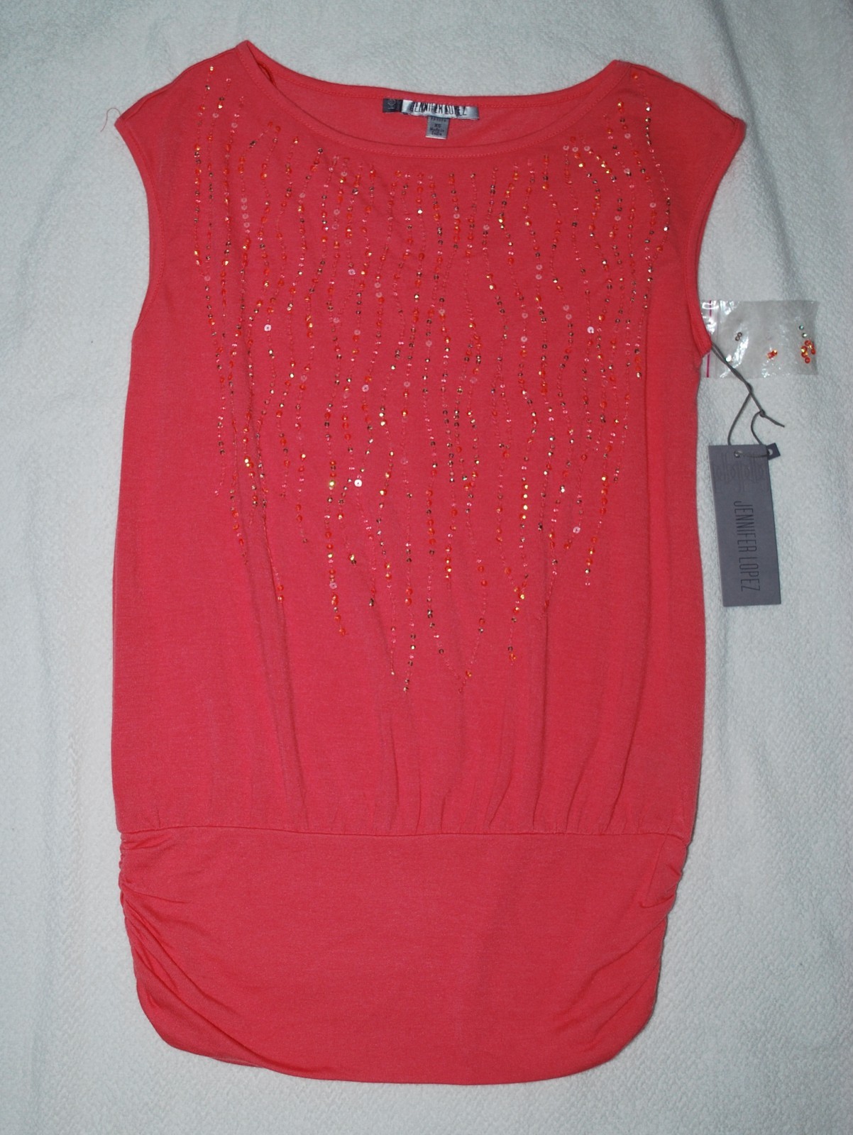 NWT Jennifer Lopez Coral sleeveless CORAL COLOR sequins top (Petite XS) MSRP $48