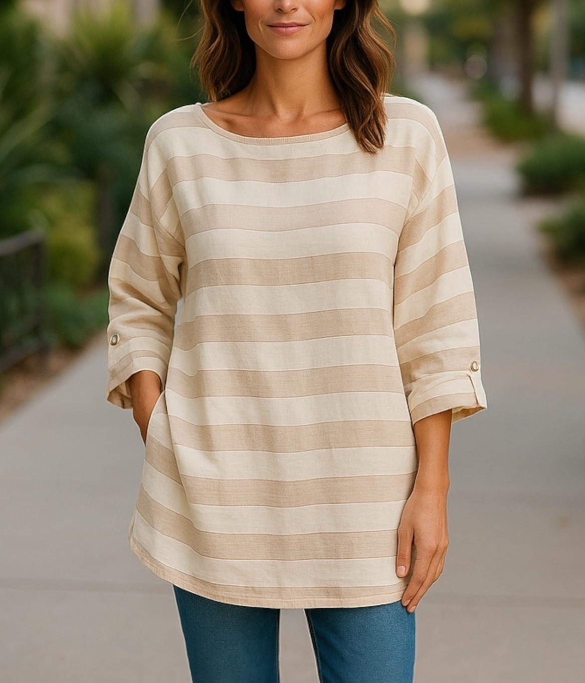 Soft Surroundings Striped Linen Tunic Top M 3/4 Tab Sleeves Beige Ivory