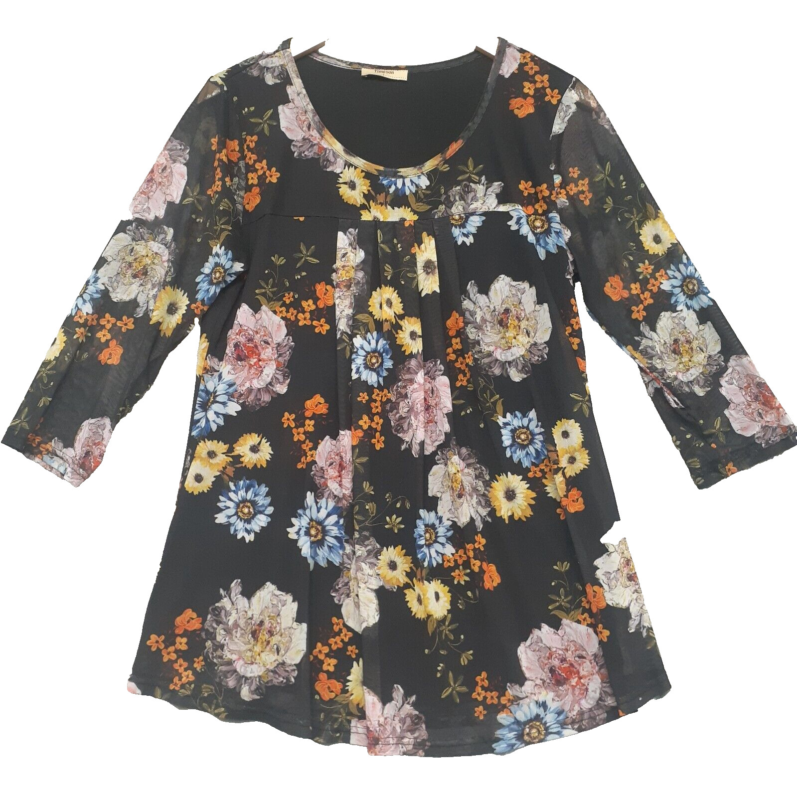 Timeson Womens Sz L Multicolor Floral Sheer Pleat Babydoll 3/4 Sleeves Fairycore